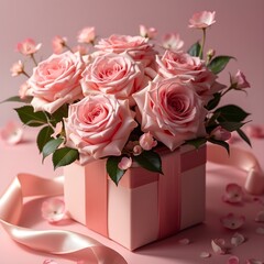 Pink roses bouquet, gift box arrangement, soft pastel colors, romantic floral display, delicate petals, green leaves, satin ribbon