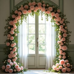 Elegant French doors, arched floral frame, pink roses, green foliage, romantic interior, soft natural light, white sheer curtains