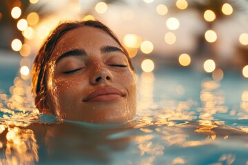 A 3D illustration of a person lying in a pool of warm water under a canopy of soft, glowing lights, their expression calm and relaxed
