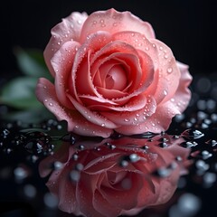 Pink rose macro, dark background, reflection, high detail, soft lighting, studio photography, delicate petals, romantic mood, sharp focus