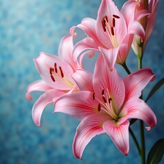 Pink lily macro, delicate petals, soft focus, pastel teal background, high detail, shallow depth of field, elegant floral photography
