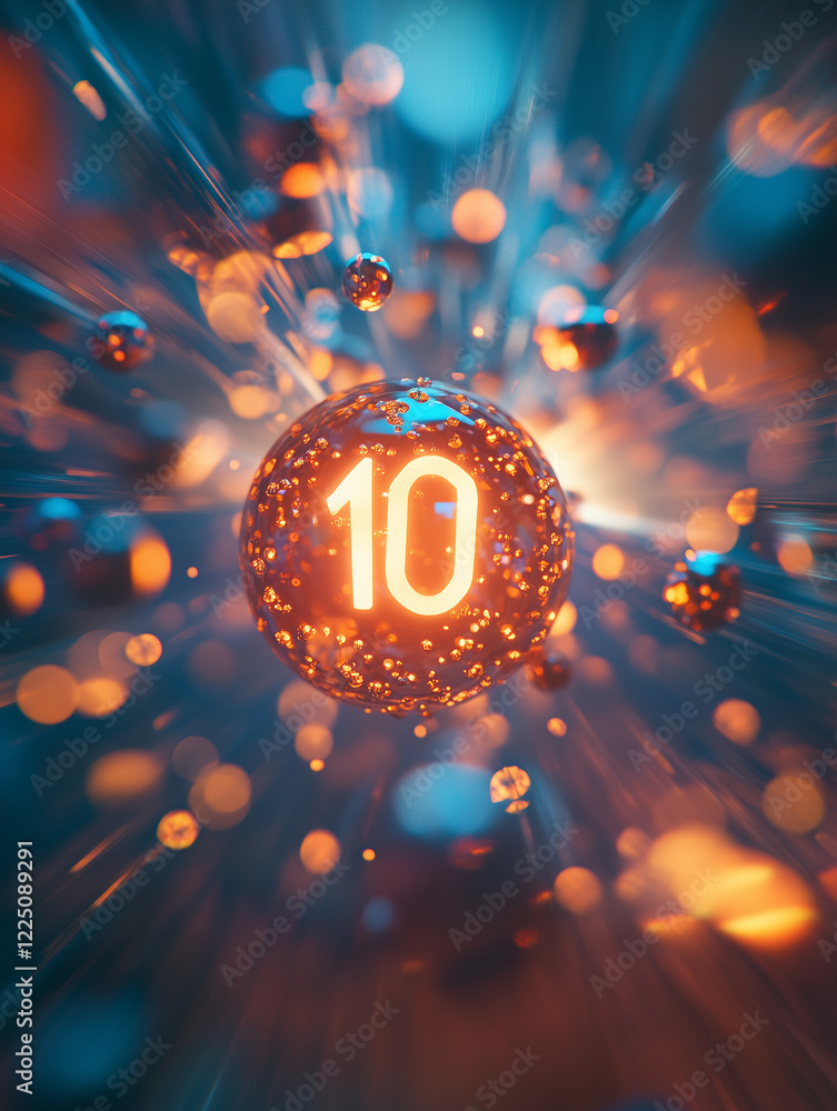 Aufkleber bright glowing sphere with the number 10 illuminated in vibrant colors in a dynamic, abstract settin