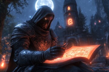A mysterious figure deciphering an elaborate map filled with symbols and annotations in an eerie, moonlit tower, symbolizing a comprehensive strategy