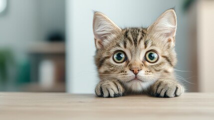 Curious kitten peeking over table in cozy home interior