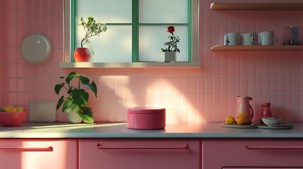A view of a little pink container within an interior scene on a big one