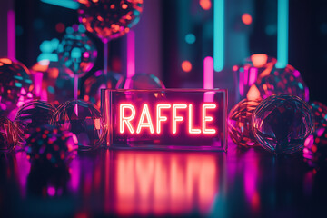 Glowing raffle sign surrounded by decorative elements in a vibrant indoor setting at night
