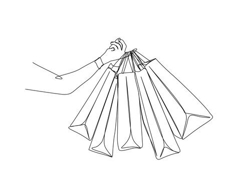 Continuous one line drawing of hand holds shopping bag. Paper bags fot gift in single line draw illustration. Editable stroke.