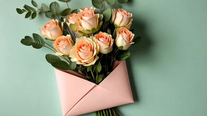 A delicate arrangement of peach roses with greenery presented in a stylish envelope on a pastel background for a lovely presentation