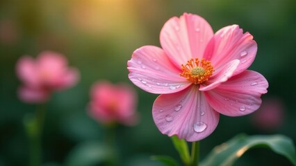 Fototapeta premium A Delicate Pink Flower Blossom with Dew Drops Glistening in the Soft Morning Light