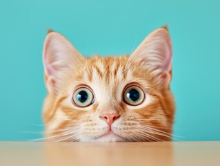 Curious ginger kitten peeking over table against turquoise background