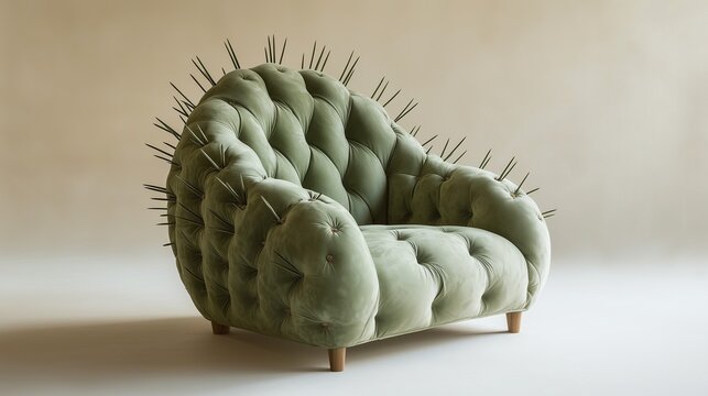 Creative cactus throne chair designed with cactus plant-inspired spines along the backrest, adding a quirky touch to a minimalist interior with light tones.