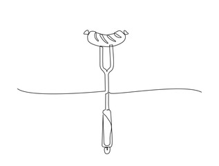 Continuous one line drawing of Bbq grill food  sausage on a fork. Barbecue food in single line draw illustration. Editable stroke.