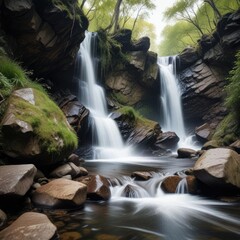 Obraz premium Dynamic long exposure shot of waterfall rushing over rugged stones in the woodland, Beauty in Nature, Motion Blur