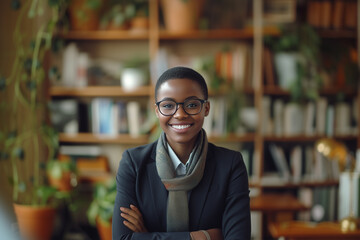 Fototapeta premium Confident job candidate smiling during interview at modern office with plants and bookshelves in background