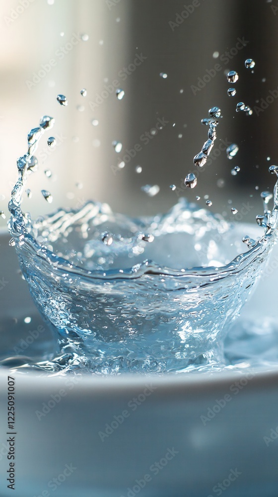 Poster water splash with droplets frozen in time creating a dynamic and abstract fluid form