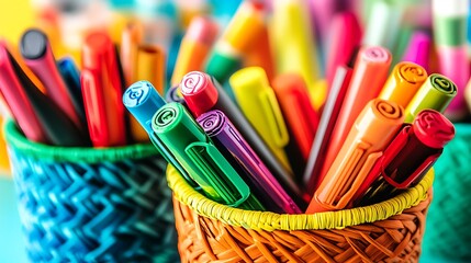 Obraz premium An assortment of colorful markers and pens organized in bright woven baskets isolated on a colorful background