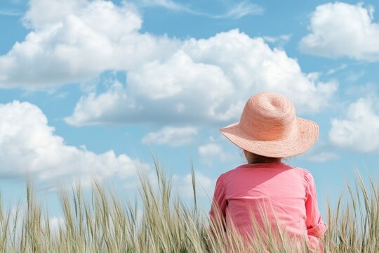 A child lying in a field of tall grass, watching the clouds drift by with a calm and dreamy expression