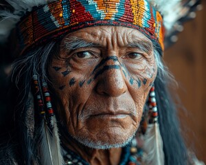 Fototapeta premium Fierce Tribal Chief Adorned in Traditional Feathers and Jewelry with Ceremonial Face Designs