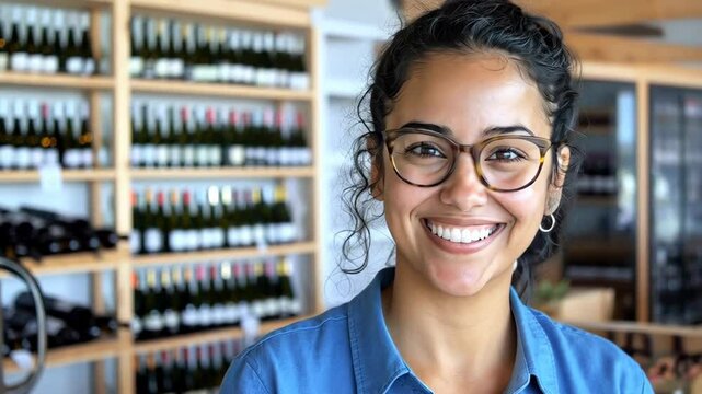 Friendly staff member welcomes guests at a wine shop showcasing diverse selections