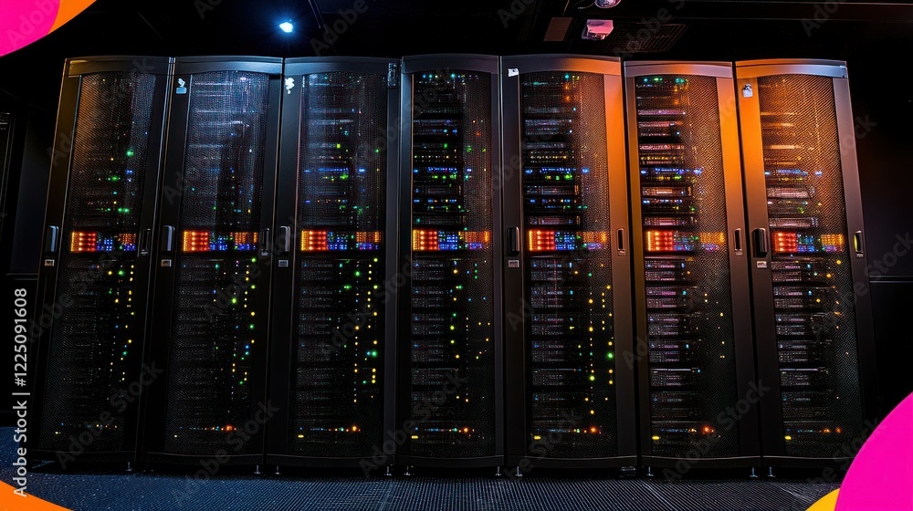 Poster illuminated server racks in a modern data center