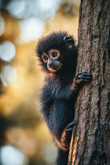 Fototapeta premium Adorable baby monkey clinging to a tree in a golden forest light, symbolizing innocence, curiosity, and the beauty of wildlife in its natural habitat.