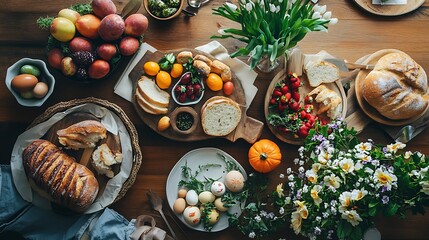 Beautifully Arranged Easter Brunch Setup on Wooden Table