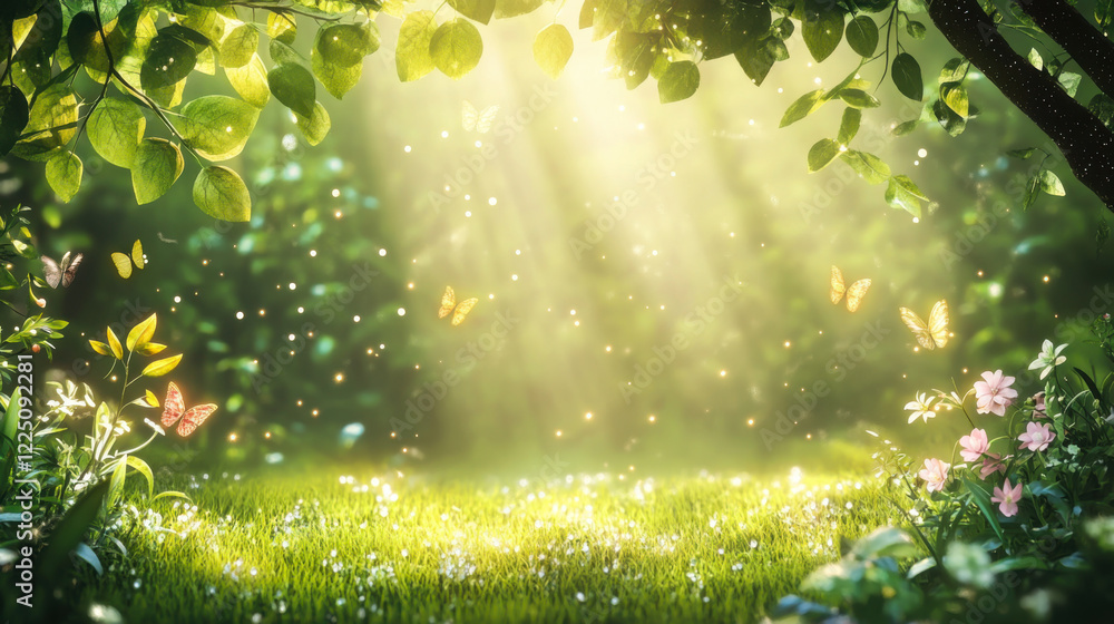 Poster soft golden light filters through trees, creating a magical atmosphere in a vibrant forest full of f