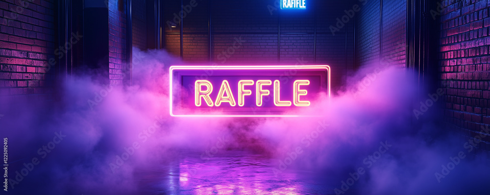 Poster glowing neon raffle sign illuminated in a misty corridor creating an inviting atmosphere for patrons