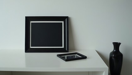 Obraz premium blank black picture frame on the white desk and wall,Black frame mockup standing on a white desk against a white wall,864