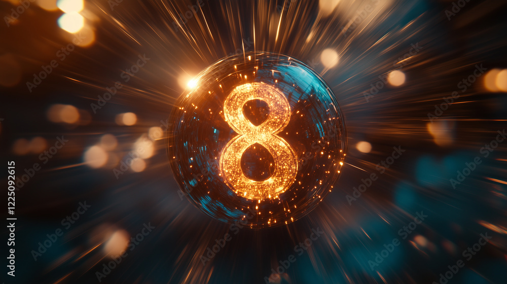 Poster glowing number eight ball radiates soft light and sparkles in an ethereal setting