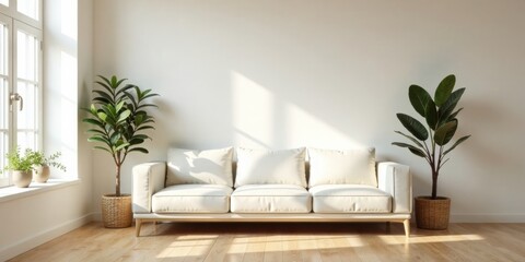 Modern Minimalist Living Room Interior Design with Cream Sofa and Lush Potted Plants Basking in Sunlight