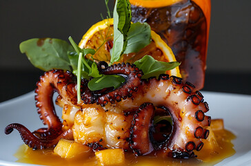 A dish of octopus with yellow yam, green ramsons, and orange oil on a  plate