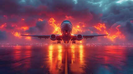 Airplane Taking Off at Sunset Dramatic Cloudscape Runway Reflection