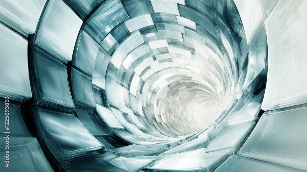 Poster abstract digital art depicting a swirling vortex of grayscale and white geometric shapes, creating a