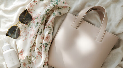 A pale pink tote bag, floral scarf, sunglasses, and lotion rest on a cream-colored fabric.  Perfect summer essentials!
