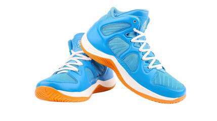 Blue basketball shoes with white laces and orange soles