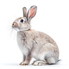 Obraz premium A gray rabbit with long whiskers sits on a white background, its head turned to the left
