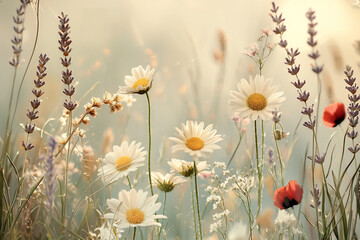 A serene meadow filled with daisies, lavender, and poppies under soft sunlight, creating a tranquil atmosphere