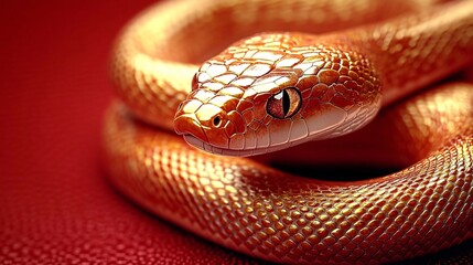Fototapeta premium A vibrant golden snake with intricate scales and piercing eyes, coiled elegantly against a rich red textured background