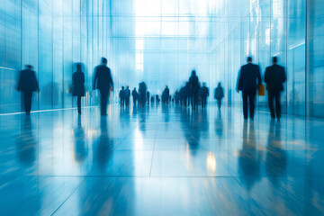 Diverse types of business people walking in the office during working hours, creating a dynamic and collaborative workspace atmosphere. Generative AI