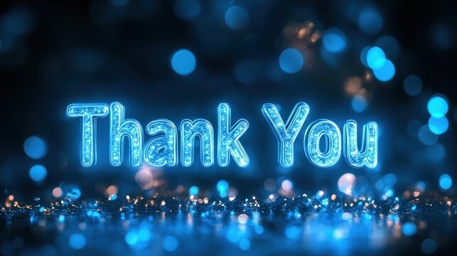 A clear and uplifting "Thank You" message on a deep blue background with radiant light shining on it, modern clean font, soft glow
