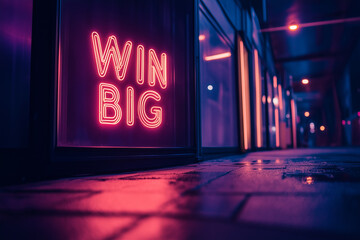 Bright neon WIN BIG sign illuminates a dark urban street creating an inviting atmosphere for passersby late at night