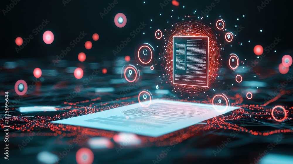 Poster checklist icons surrounding a glowing document in an abstract interface