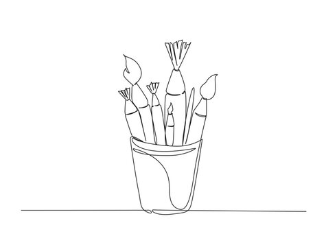 Continuous one line drawing of pencils and brushes in a glass. Brush and pencils in single line draw illustration. Editable stroke.