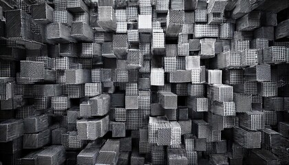 Dynamic Monochrome Geometry An Exploration of Irregular 3D Cube Shapes in a Striking Gray and Black White Palette, Showcasing Abstract Artistry and Modern Minimalism at Dusk.