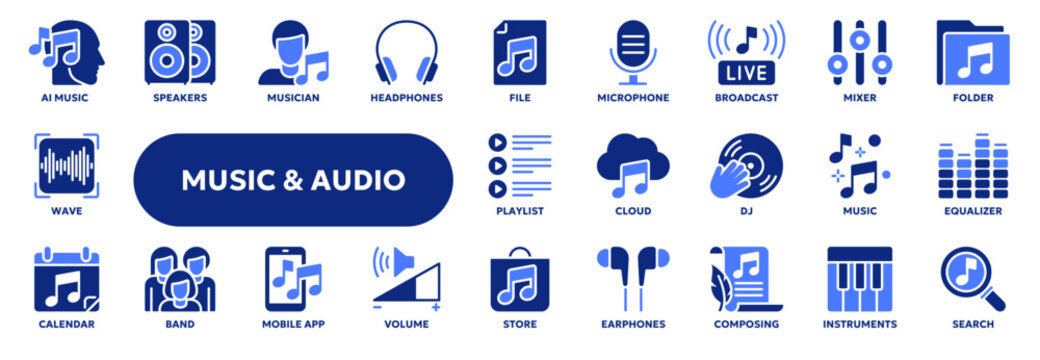 Set of vector solid icons related to music and sound industry, audio listening and recording. Symbols for website or app ui, logo design, illustration