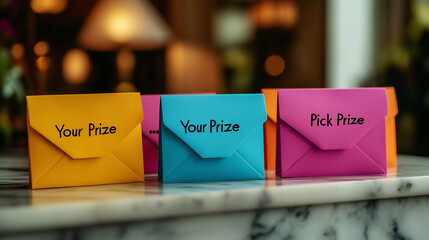 Colorful envelopes inviting attendees to pick their prize at a lively event in a cozy setting