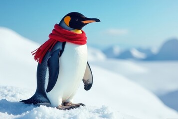 Fototapeta premium A king penguin, adorned in a vibrant red scarf, stands proudly on a pristine snowdrift, against a backdrop of a serene, icy landscape. The tranquil scene evokes a sense of winter wonderland charm.