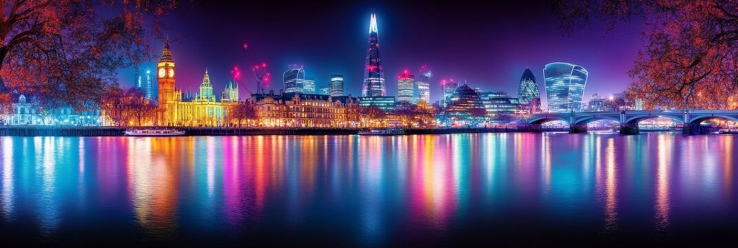 Vibrant Cityscape with Illuminated Skyline and Bridge reflected in River Thames at Night, London