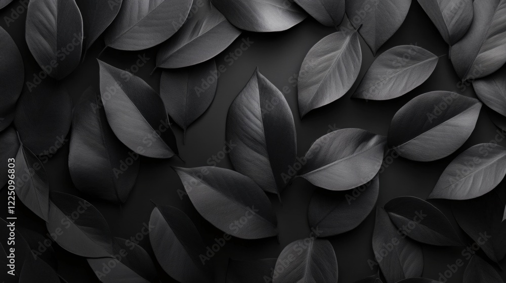 Poster dark leaves pattern on black background with natural texture creating a modern design